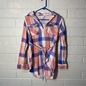 Ingrid & Isabel Maternity Plaid Textured Lightweight 3/4 Sleeve Pink Blue Shirt